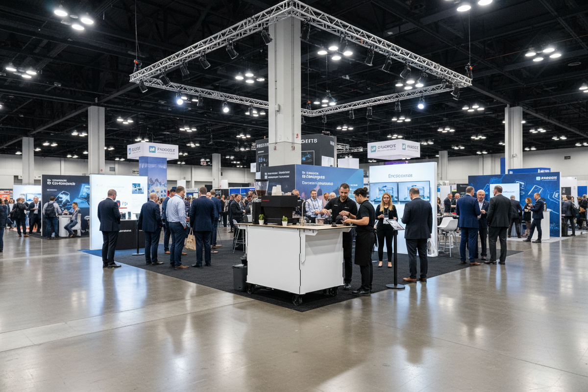 Espresso bar booth with attendees gathered on a convention center floor