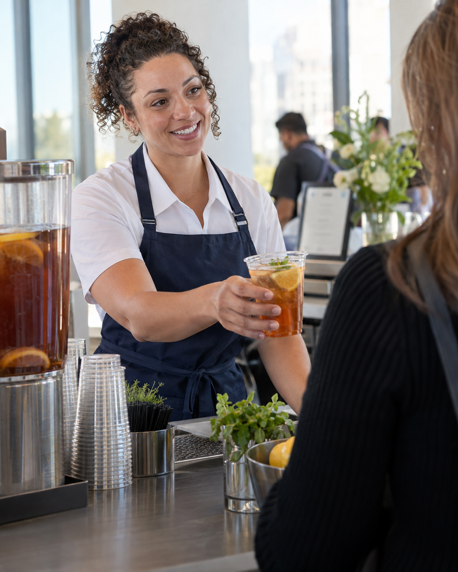 Barista in an apron handing an iced drink to a guest