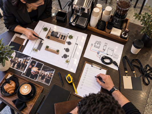 Phone photo of an active planning table with espresso equipment, booth plans, utilities, and checklist