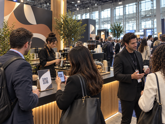Candid phone photo of a barista working while a trade show attendee scans a lead-generation code