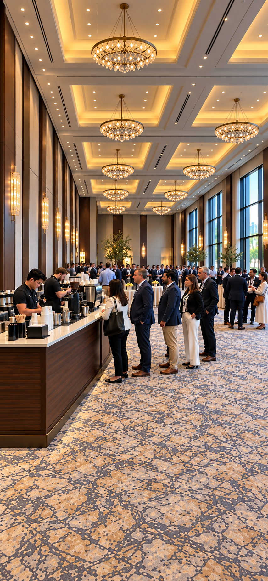 Guests in line at an espresso bar in a hotel ballroom