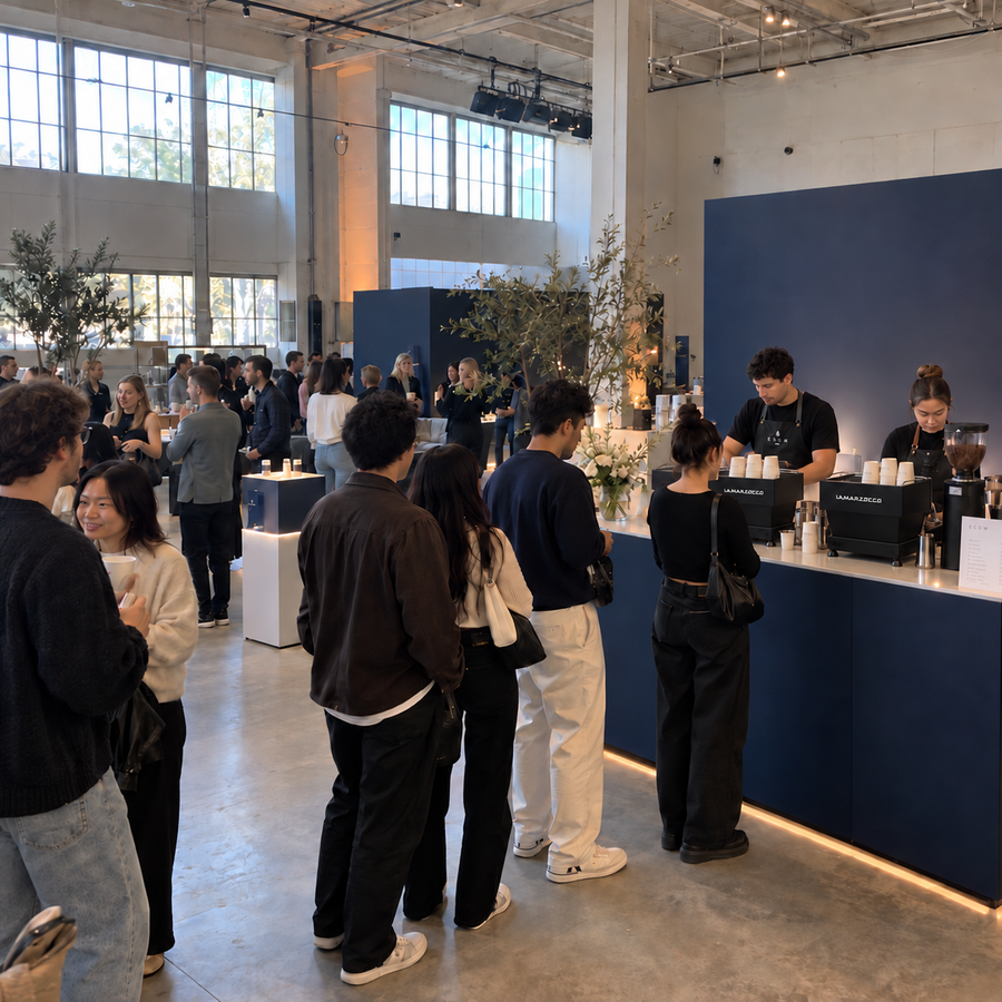 Guests lined up at a navy blue espresso bar in a daylight loft venue