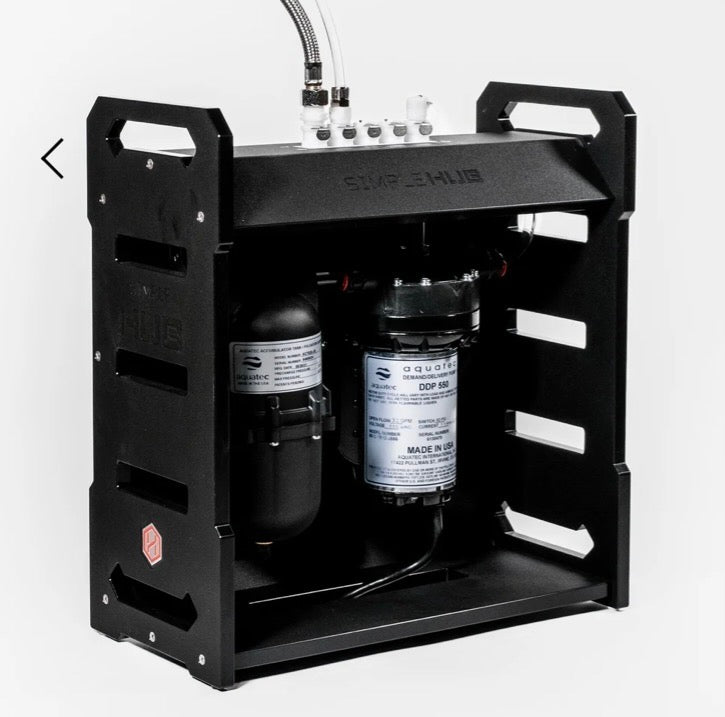 Portable water system with twin filters in a black frame for a mobile espresso bar