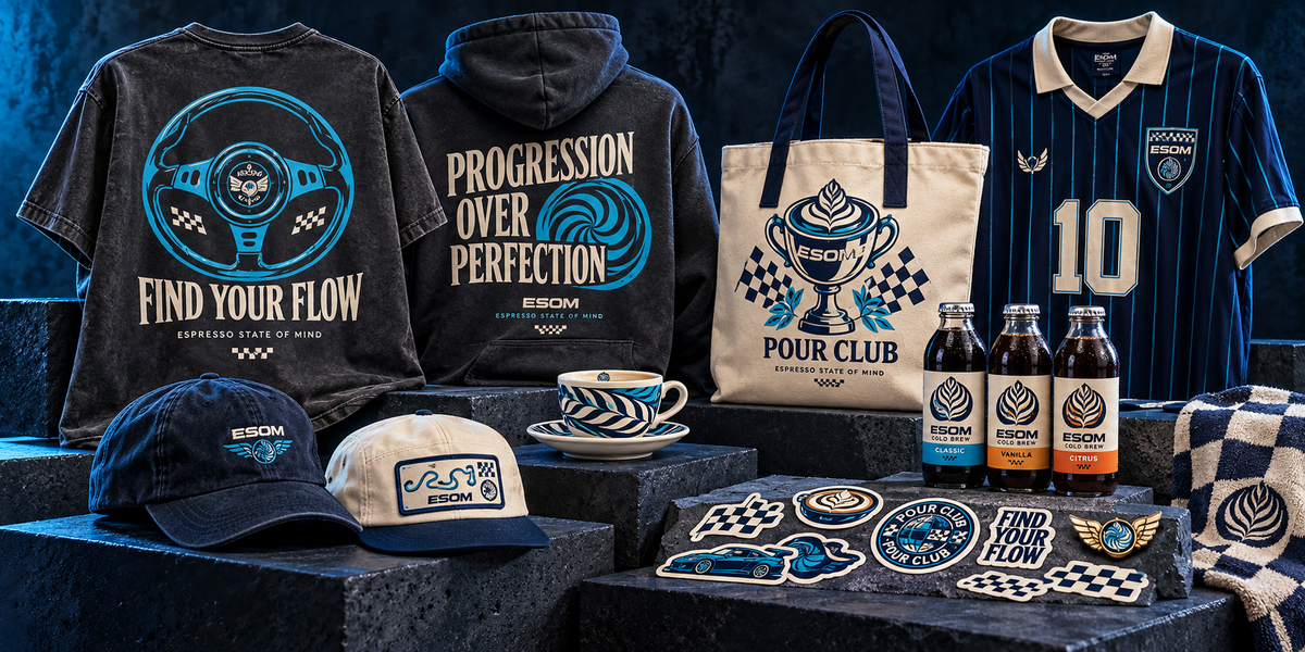 ESOM pre-drop collection concept featuring clothing, drinkware and accessories