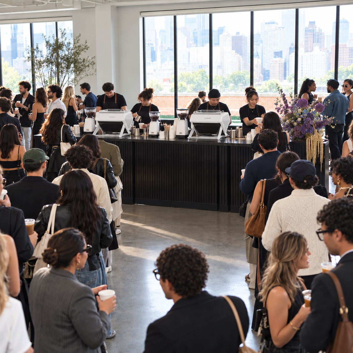 Two espresso stations and four baristas serving guests at a private event