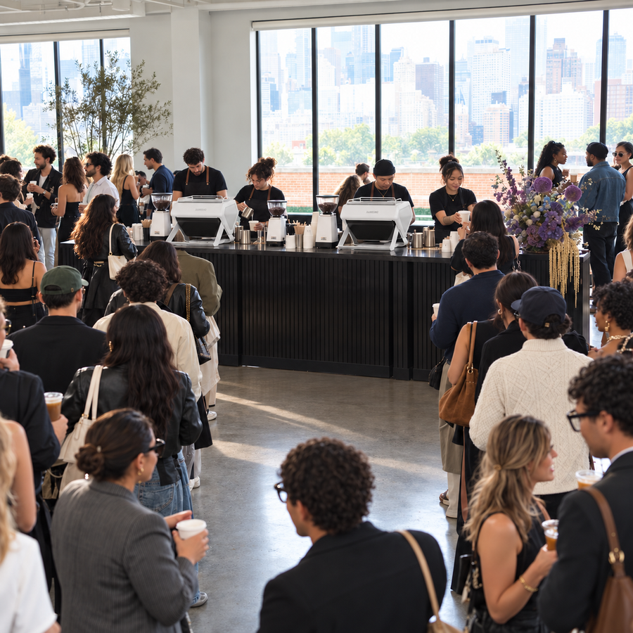 Two espresso stations and four baristas serving guests at a private event