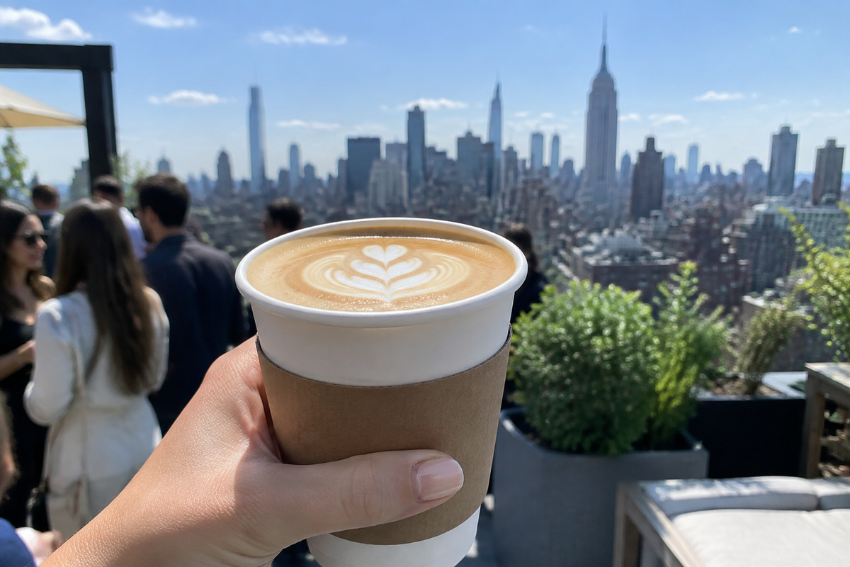 Latte in hand at a rooftop event